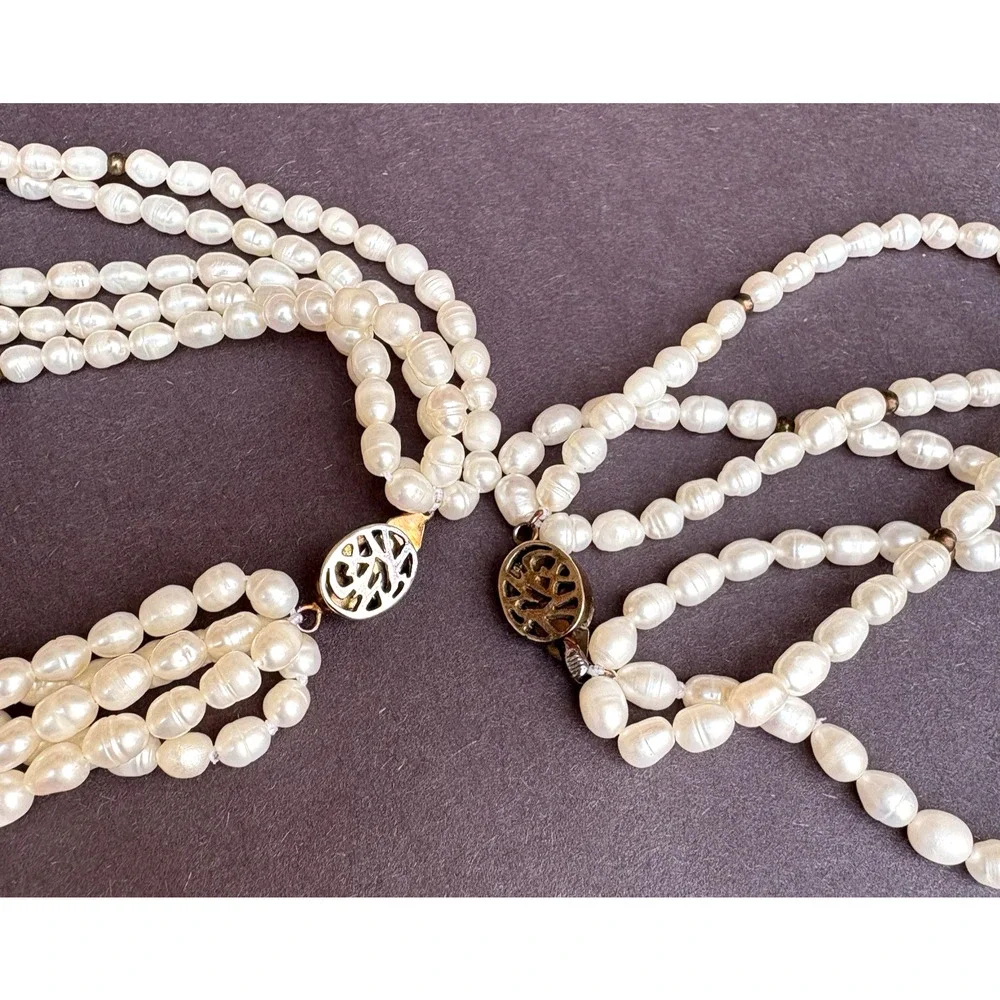 Vintage Faux White Pearl Gold Accent Jewelry Set 5 Strand Necklace‎ & Bracelet